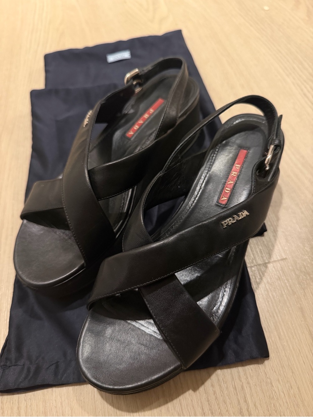 Prada Black Leather Crisscross Wedge Slingback Sandals